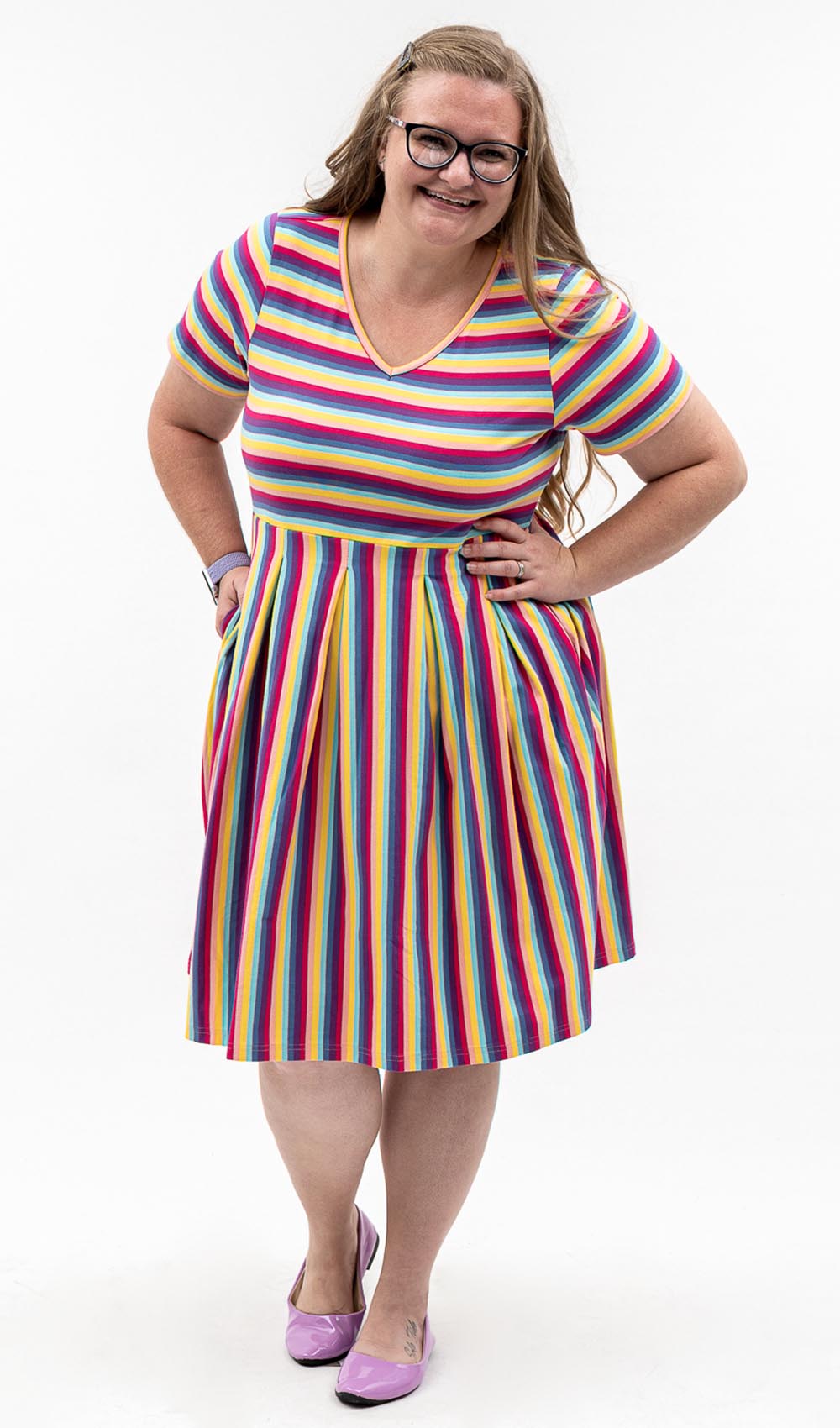 rainbow fashion plus size dresses Xpluswear Design Plus Size Daily Rainbow Sundress Graphic Round Neck Pocket Maxi Dresses